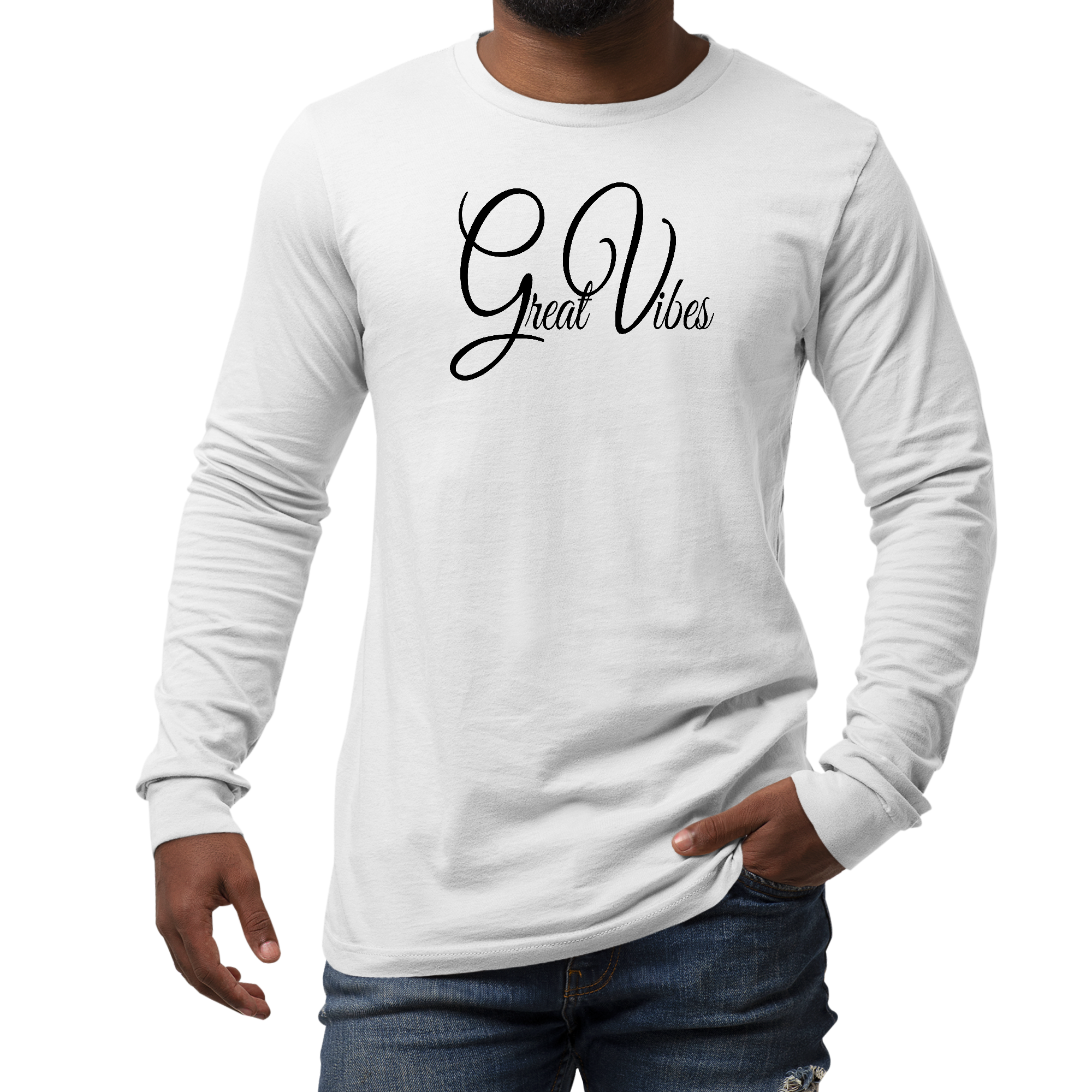 Mens Long Sleeve Graphic T-shirt Great Vibes Black Illustration Accessories - Jameson Ward